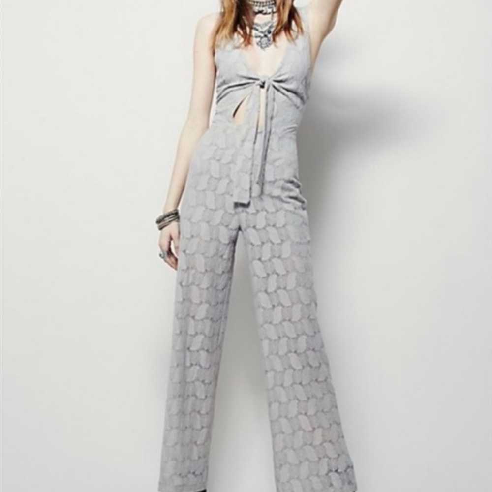Free People Wide Leg Jumpsuit Size 6 Grey Minimalist Halter Tie Waist One Piece
